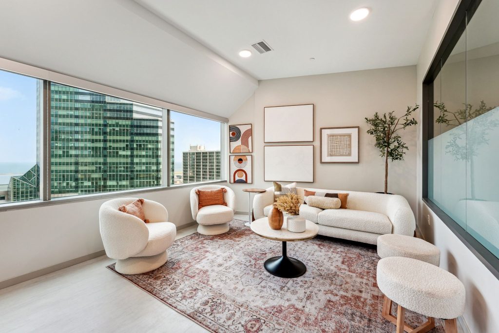 A modern living room at The Bell Apartments in Downtown Cleveland.