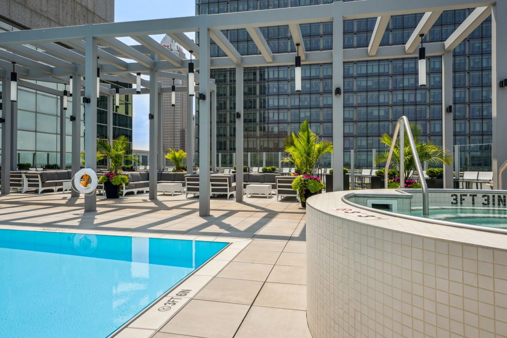 The rooftop pool, jacuzzi, and sun deck at The Bell Apartments in Downtown Cleveland.