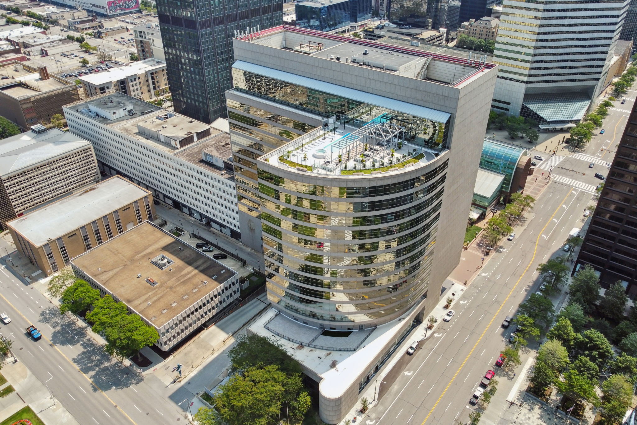 An aerial shot of The Bell Apartments in Downtown Cleveland Ohio.