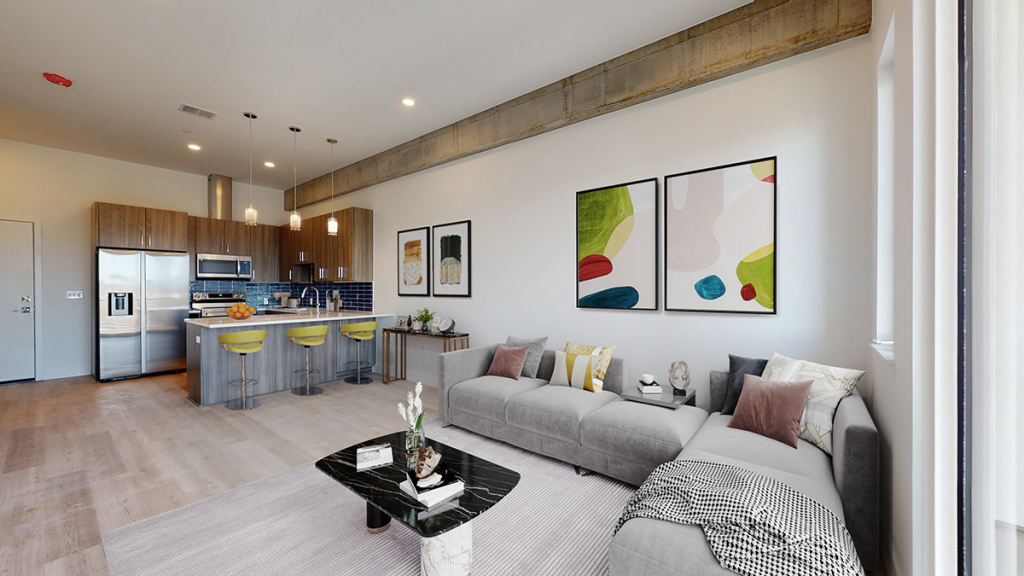 An open-layout apartment at POP Denver, new apartments in Santa Fe Arts District, Denver.