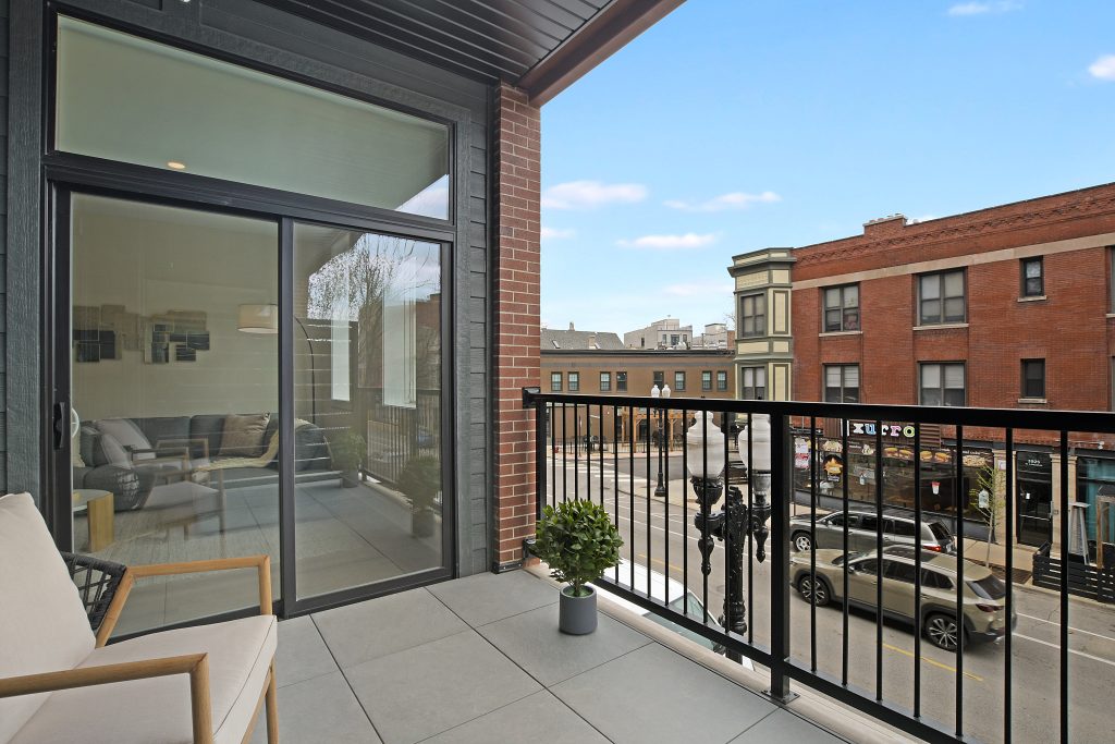 A balcony overlooking North Center, from Belfield apartments in Chicago.